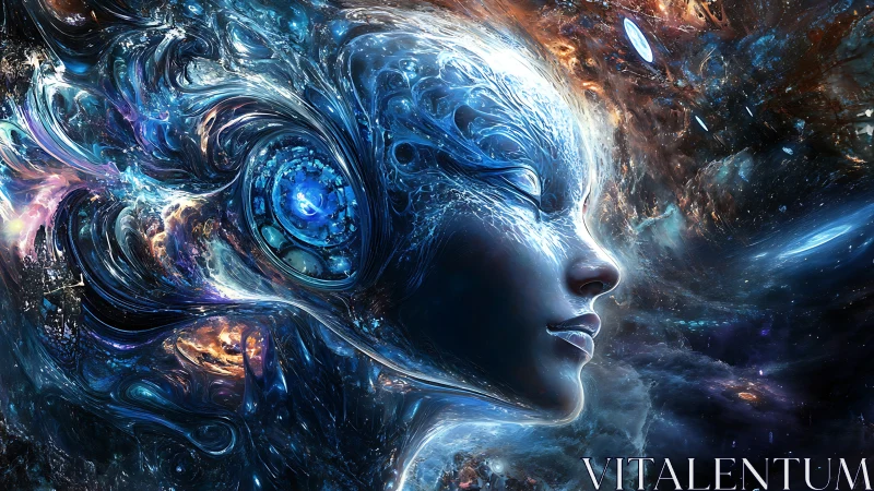 Cybernetic astral portrait with fluid cosmic interface design.