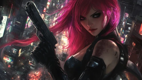 Cyberpunk assassin with neon hair stalks rainy megacity.