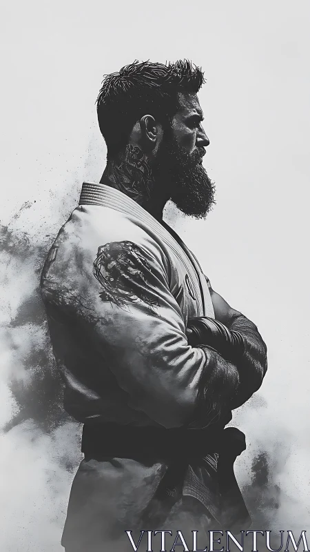 Bearded martial artist stands in profile wearing worn gi