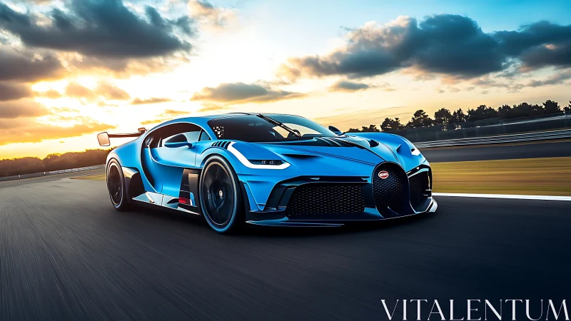 Sunlit blue hypercar ignites a racetrack sprint at dusk.