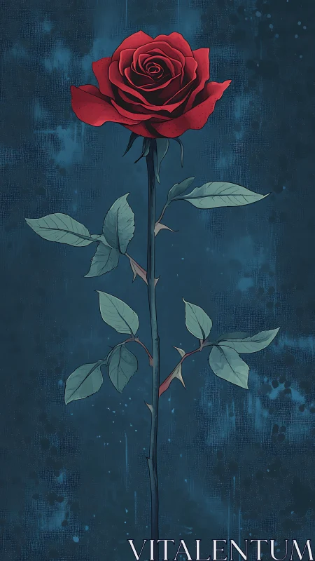 Solitary crimson rose burning against deep midnight blue.