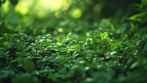 Lush Green Ground Cover in Sunlit Forest, Nature Photography.