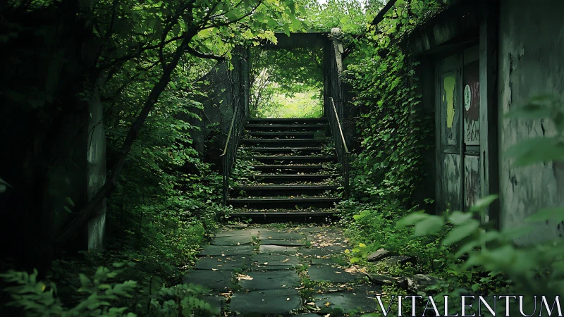 Overgrown stone stairway through abandoned garden passage.