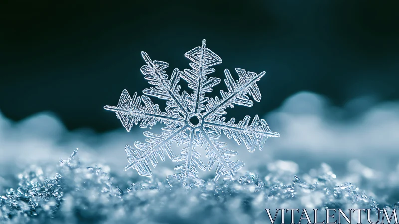 Single snowflake macro on icy surface in cool blue tones.