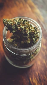 Macro study of dried cannabis bud in glass jar with shallow focus