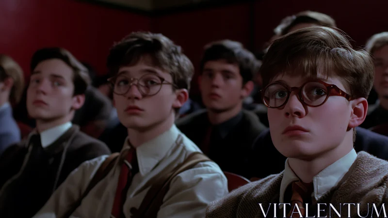 Male students in formal attire seated in lecture hall setting.
