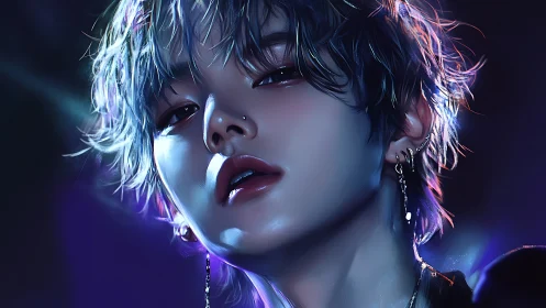 Neon-drenched androgynous icon under electric club lights.