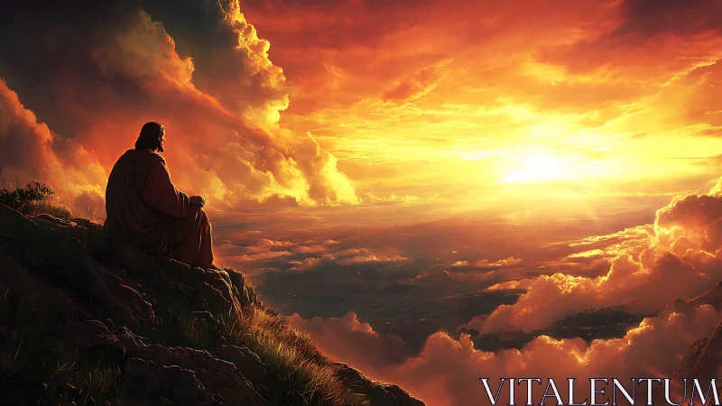 Solitary robed figure observes expansive cloudscape at sunrise