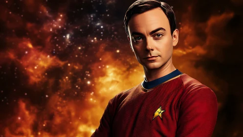 Starfleet officer portrait amid blazing cosmic nebula.