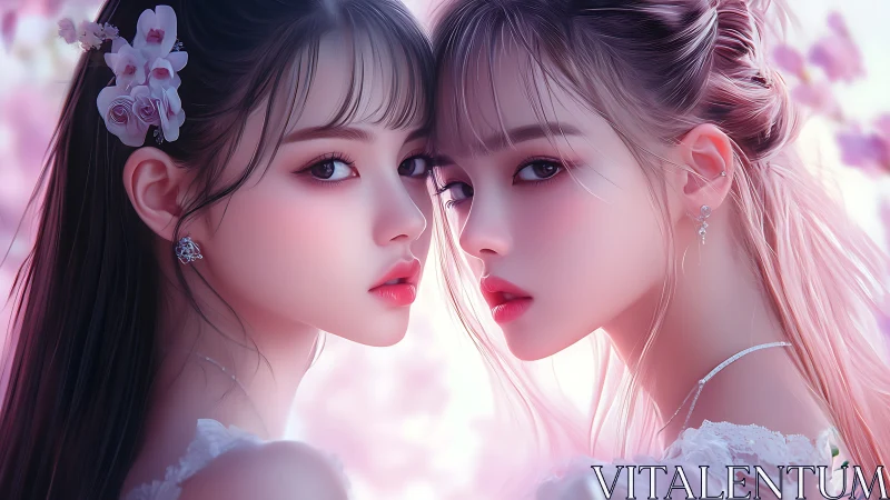 Dual portrait of stylized girls in soft-focus chromatic bloom.