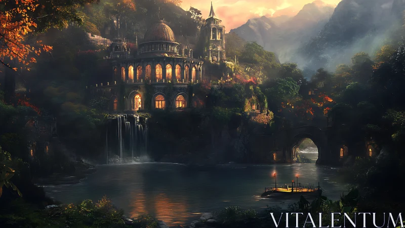 Twilight river palace hums quietly above silver falls