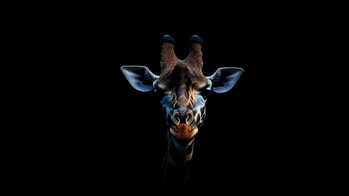 Low key frontal portrait of giraffe with rim lighting detail