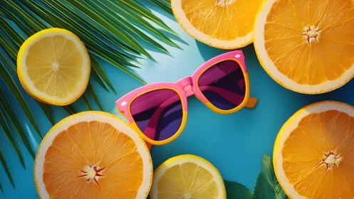 Vibrant summer flat lay with pink sunglasses and citrus fruits.