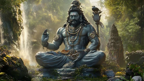 Peaceful forest deity in meditative stillness and soft light.