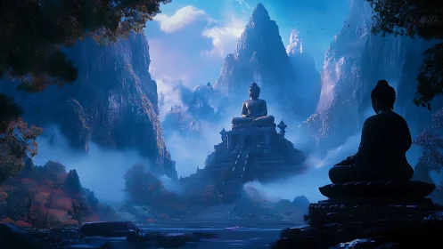 Mountain temple Buddha statues in luminous blue mist