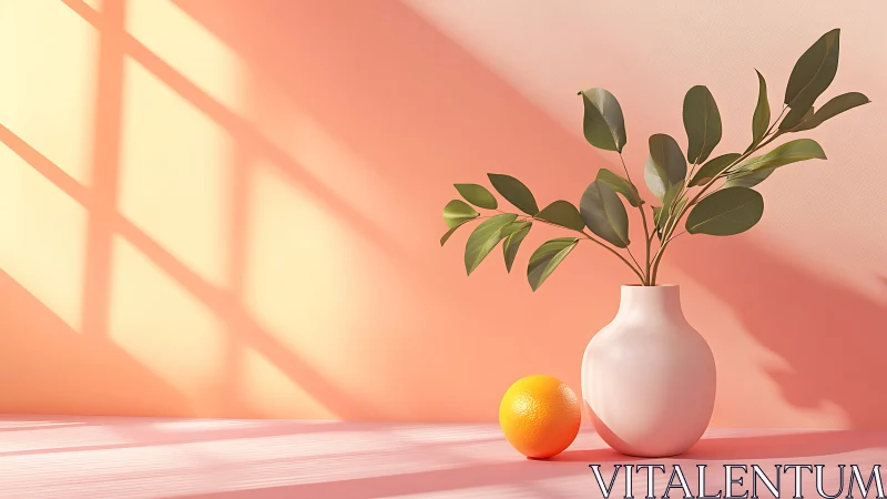 Soft sunlight warms a leafy vase and bright citrus fruit