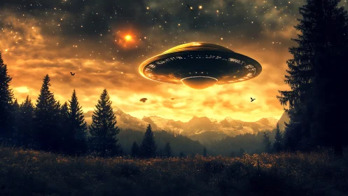 Circular spacecraft over conifer forest at sunset sky period.