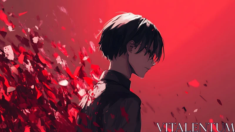 Solitary anime profile dissolving into red abstract fragments