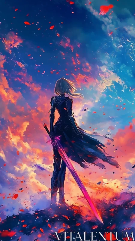 Solitary figure with sword against vivid clouded sky.