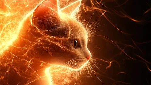 Electroluminescent Cat Portrait with Fiery Particle Aura Effect