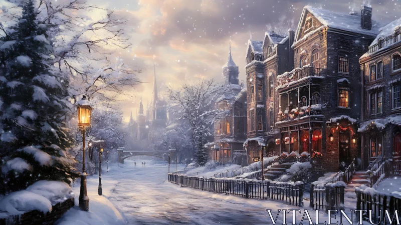 Cozy winter street glowing with lamplight and gentle snowfall.