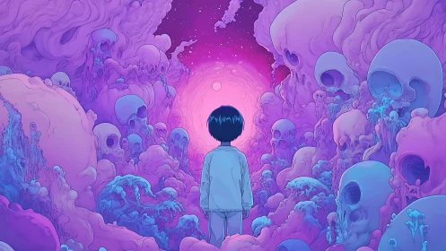 Child confronts cosmic skull valley under neon nebula sky.