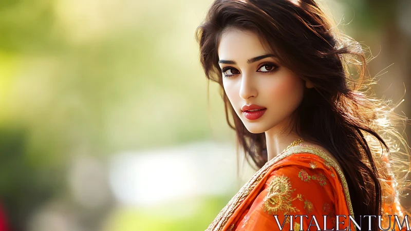 Sunlit gaze in ember silk, a quiet festival of grace.