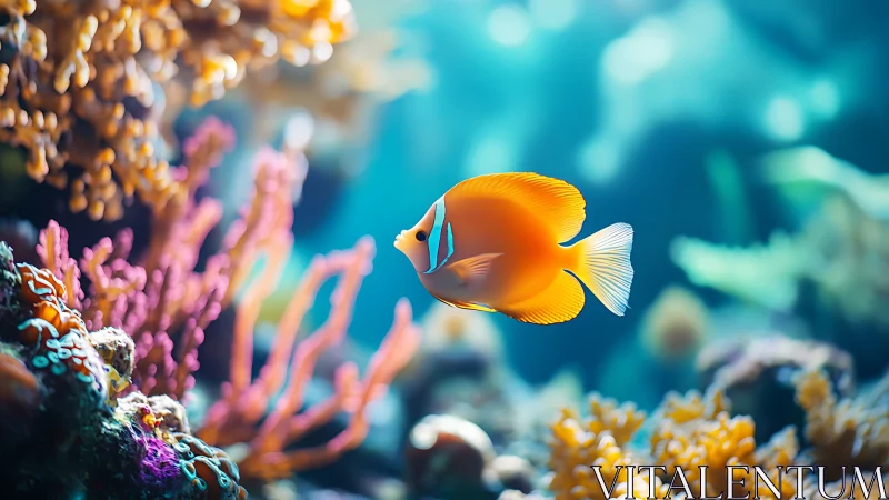 Tropical reef fish glide through luminous coral garden seascape.