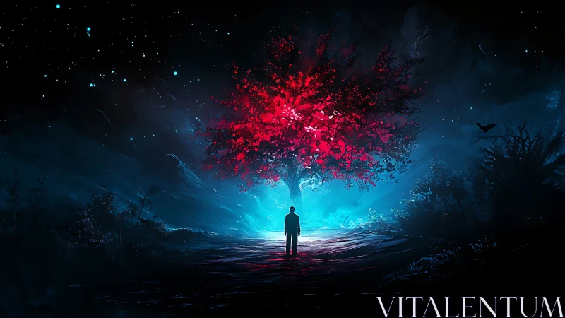 Silhouette facing luminous red tree in nocturnal landscape.