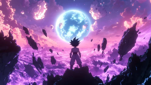 Celestial anime warrior silhouetted against fractured cosmos.