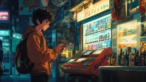 Anime street scene with teen at glowing vending machines.