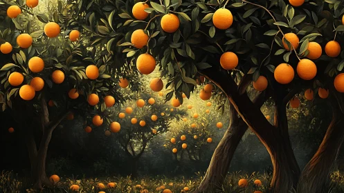 Sunlit orange grove glows with ripe fruit in golden haze