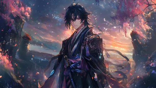 Storm-eyed wandering swordsman beneath ember-blossom skies.