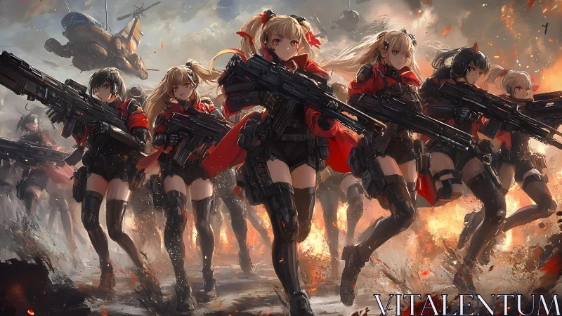Armored anime squad charges through explosive battlefield
