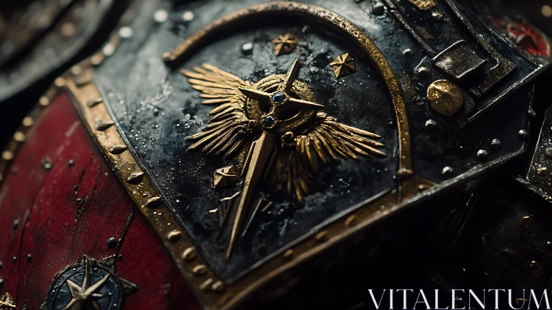 Close-up of ornate metal armor plate with winged emblem.