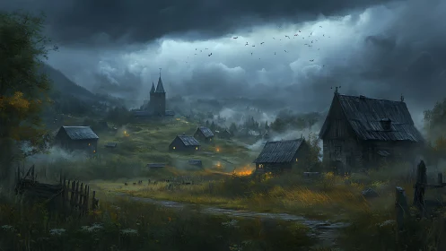 Moody rural valley village under storm-laden twilight sky.