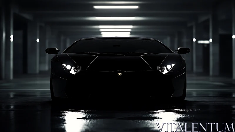Black supercar front view dominates dim parking garage