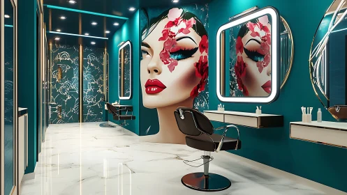 Digital salon interior with teal walls and stylized mural portrait.
