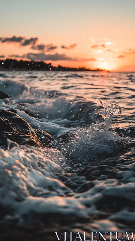 Sunlit surf crashes over coastal rocks at golden hour.