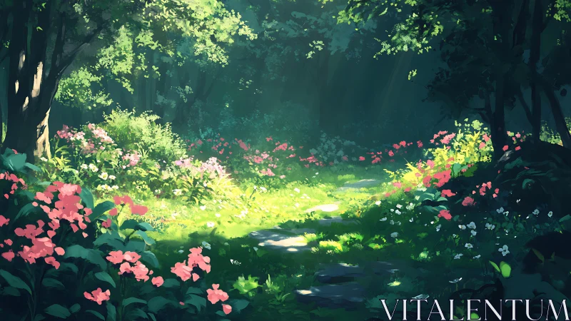 Sunlit Forest Clearing With Flowering Garden Path.