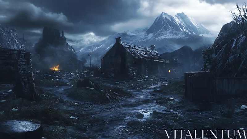 Rain-soaked mountain hamlet with dilapidated stone houses.