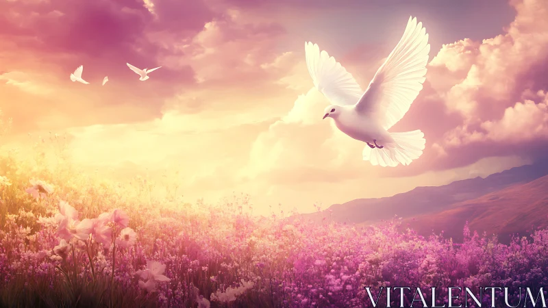 White dove over glowing sunset meadow of wildflowers.