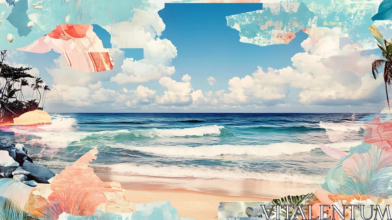 Digital painting seascape with abstract pastel collage frame.