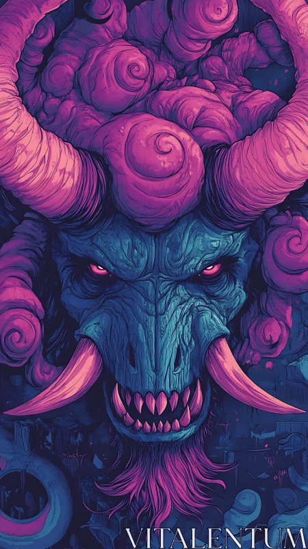 Vibrant horned demon gazes forward with neon, smoldering power
