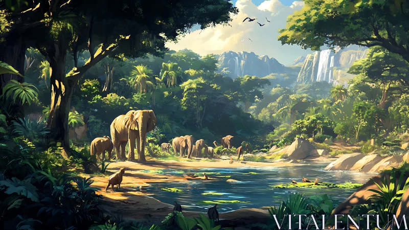 Elephant herd at jungle waterhole under bright daylight.