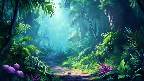 Enchanted forest grove with luminous sky and flowing stream