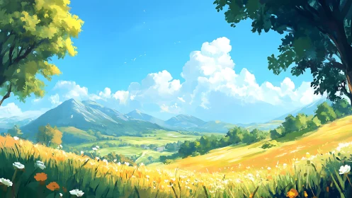 Digital landscape of mountain valley with flowering meadow.