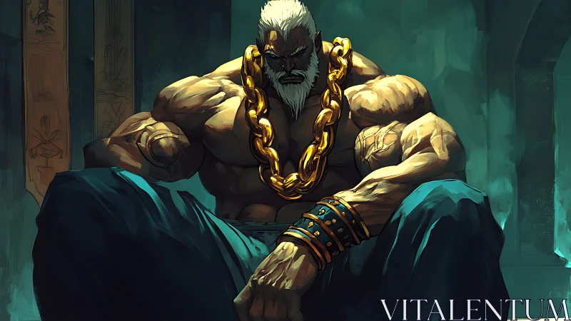 Muscular elder warrior seated with heavy gold chain.