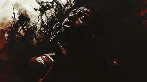 Digital portrait shows figure in low light against dark forms