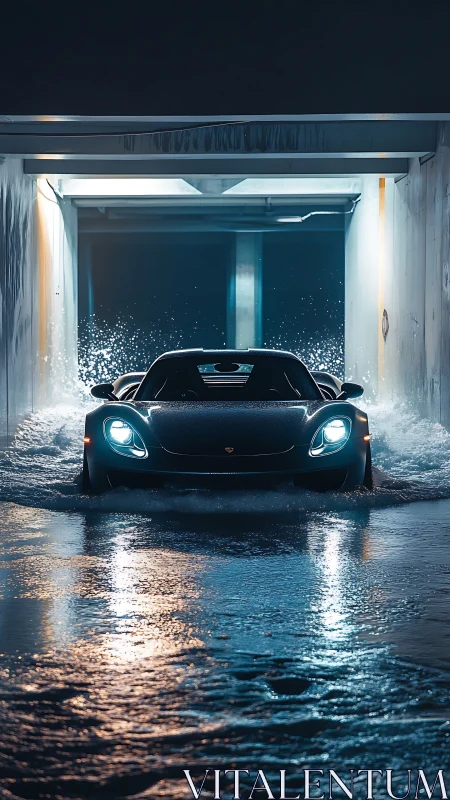 Midnight supercar storms through neon-lit tunnel waters.